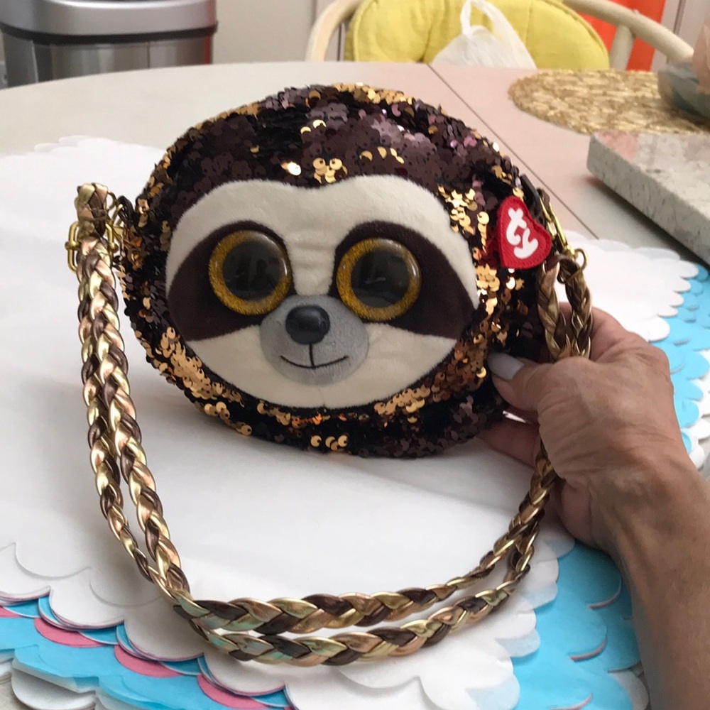Ty Beanie Boos Sequin Sloth Crossbody Bag - Brown & Gold.